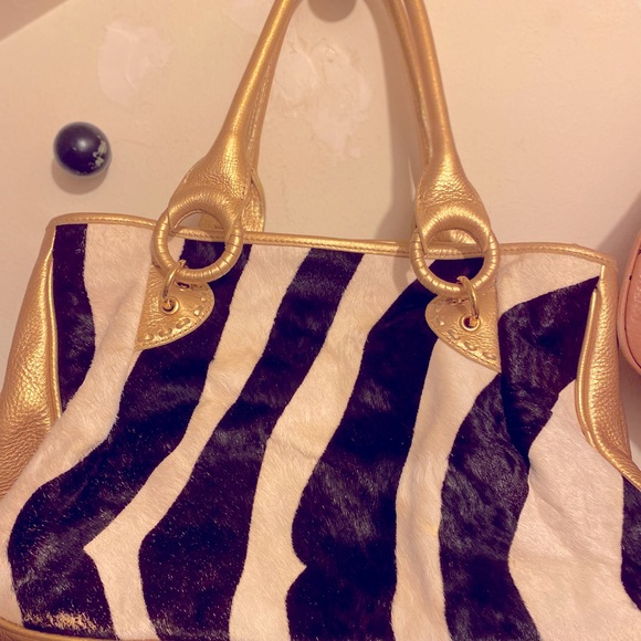 NOT FOR SALE- BEVERLY FELDMAN GOLD AND ZEBRA PRINT CALF HAIR LEATHER BAG - Picture 5 of 14